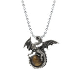 Punk Rock Biker Dragon Orb Necklace Set - Heavy Metal Bead Chain Winged Dragon Guardian Crystal Pendant Gift for Men Women