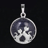Natural Gemstone Round Pendant Silver‑Tone Double Cat Silhouette Overlay Charm, Mixed Crystal Stone Cat Lover Pendant DIY Necklace Jewelry Making Reiki Healing