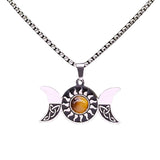 Stainless Steel Triple Moon Goddess Necklace with Celtic Knot - Natural Tiger's Eye Sun Pendant - Wiccan Pagan Spiritual Jewelry for Men & Women