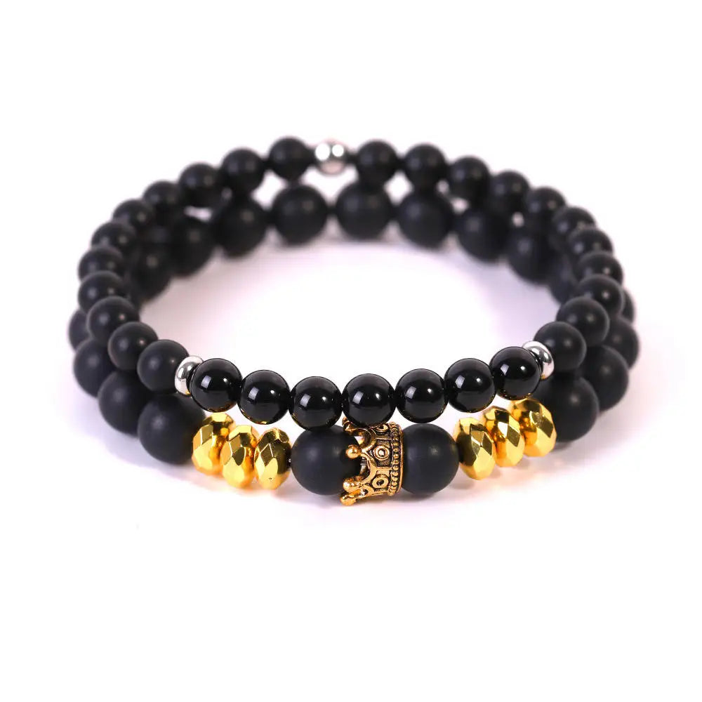 His & Hers Crown Couple Bracelet Set 6mm 8mm Matte Obsidian Natural Stone Stretch Beaded Bracelets Lover Lucky Matching Jewelry Gift