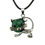 Natural Crystal Cat Pendant Necklace, Silver Alloy Frame Gemstone Charm, Healing Jewelry for Cat Lovers