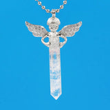 Silver Angel Wing Natural Crystal Point Pendant 35×65mm, Double Terminated Hexagonal Crystal Stone Charm, Reiki Chakra Healing Angel Guardian Pendant for DIY Necklace Spiritual Boho Jewelry Gift