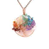 Chakra Tree of Life Wire Wrapped Pendant, Natural Crystal Chip Stone Round Pendant 45mm, Rose Gold Copper Handmade Wrapped Healing Reiki Crystal Necklace Pendant for Jewelry Making Gift
