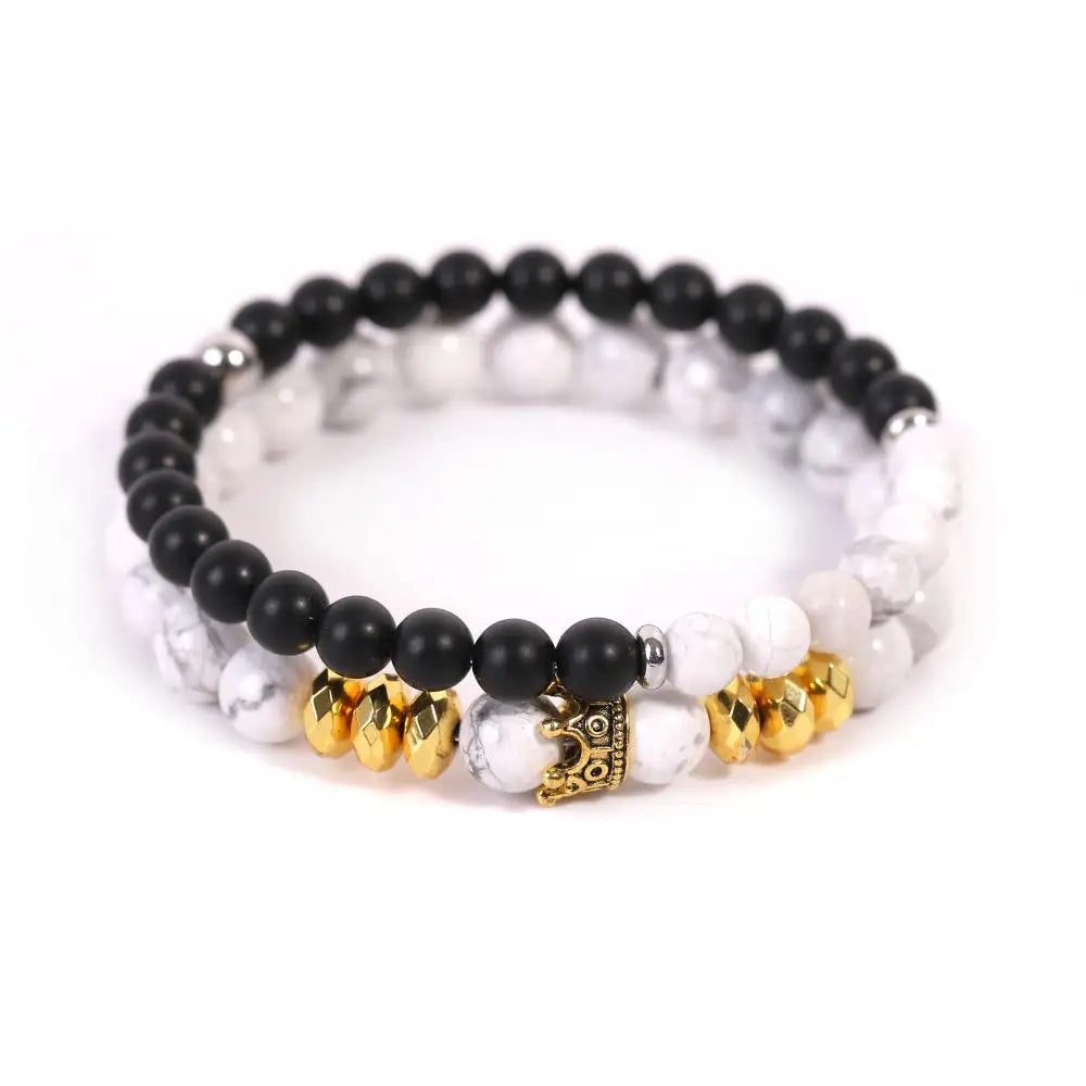 His & Hers Crown Couple Bracelet Set 6mm 8mm Matte Obsidian Natural Stone Stretch Beaded Bracelets Lover Lucky Matching Jewelry Gift