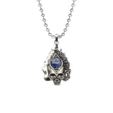 Gothic Flame Skull Pendant Necklace • Stainless Steel Ball Chain with Natural Gemstone Ball • Punk Hip Hop Skeleton Rocker Jewelry for Men Women