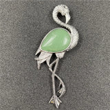 Vintage Silver Flamingo Brooch Pendant Inlaid Natural Gemstone, Multi Crystal Bird Animal Pin Convertible Necklace for Women Boho Fashion Jewelry