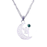 Vintage Stainless Steel Fairy on Moon Pendant Necklace - Natural Amethyst Stone Celestial Jewelry - Whimsical Angel Necklace for Women