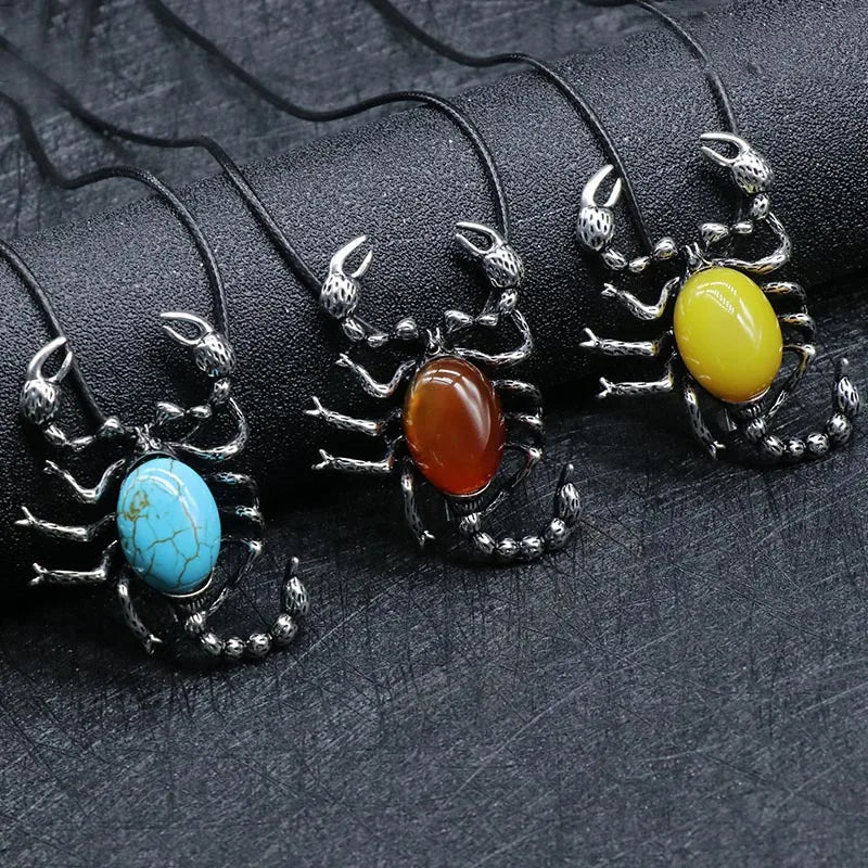 Scorpion Shape Natural Crystal Gemstone Pendant, Antique Black Metal Insect Animal Inlaid Cabochon Stone Pendant, Chakra Reiki Healing DIY Jewelry Making Accessory