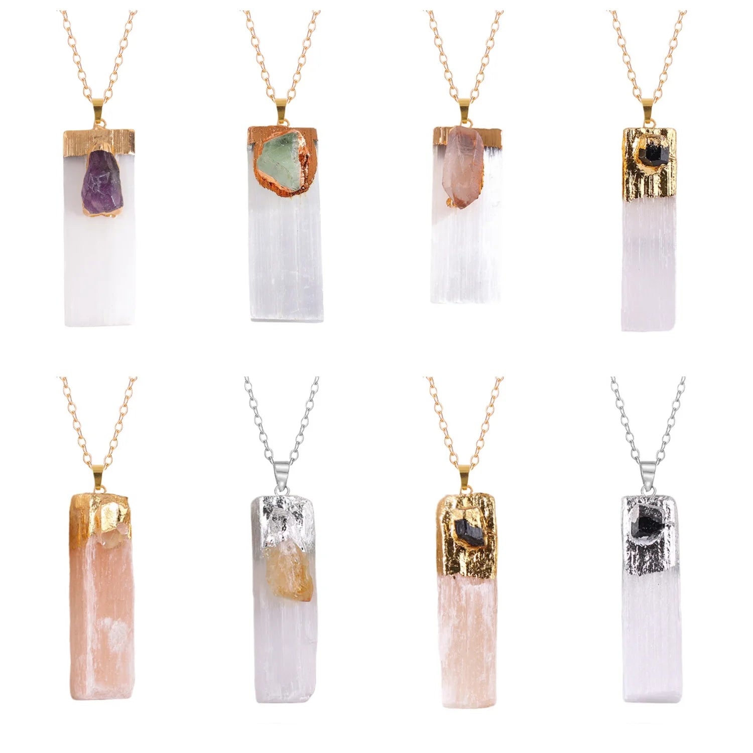 Natural Selenite Gypsum Crystal Pendant with Raw Amethyst Necklace 45cm O Chain #SN1774