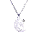 Vintage Stainless Steel Fairy on Moon Pendant Necklace - Natural Amethyst Stone Celestial Jewelry - Whimsical Angel Necklace for Women