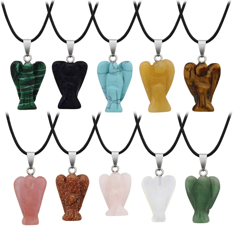 Handmade Craved 1.5Inch Gemstone Angel Pendant Necklace -45CM Black Cord #SN1531
