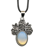 Silver Rose Flower Oval Gemstone Necklace 45CM Black Cord SN1503  10X14mm Stone Cab Pendant Jewelry