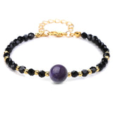 4mm Faceted Black Crystal Beaded Bracelet with 10mm Natural Stone Center Bead Gold Plated Adjustable Extension Chain Chakra Healing Bracelet for Women