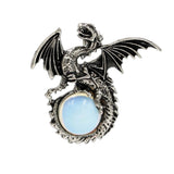 Vintage Silver Winged Dragon Orb Pendant - Epic Fantasy Protective Talisman Natural Gemstone Necklace for Men Women