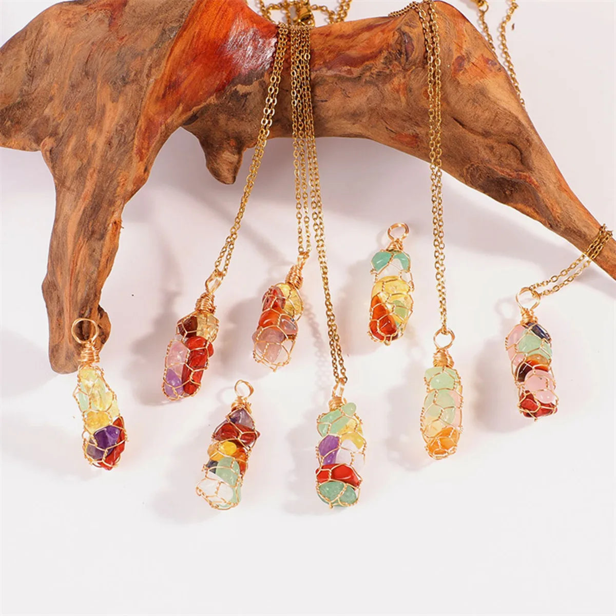 7 Chakra Tumbled Stone Pendant with Gold Wire Mesh Wrapping | Handmade Crystal Necklace for Chakra Balancing Healing