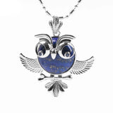 Vintage Silver Plated Owl Pendant Natural Round Gemstone Stone Wisdom Owl Charm Chakra Reiki Healing Crystal Pendant for Necklace DIY Jewelry