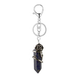 Natural Crystal Hexagonal Point Keychain • Antique Silver Rose Wrapped Gemstone Keyring • Gothic Healing Stone Bag Charm Accessory