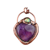 Vintage Copper Heart Crystal Necklace - Natural Gemstone Amethyst Rose Quartz Love Pendant with Abalone Shell Accent Witchy Jewelry