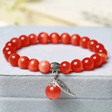 8MM Mystical Cat's Eye Stone Beaded Bracelets with Silver Leaf Accent Healing Elegant Inspired Jewelry