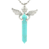 Silver Angel Wing Natural Crystal Point Pendant 35×65mm, Double Terminated Hexagonal Crystal Stone Charm, Reiki Chakra Healing Angel Guardian Pendant for DIY Necklace Spiritual Boho Jewelry Gift