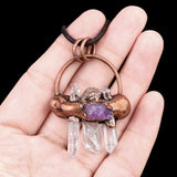 Natural Crystal Pillar Pendant Necklace Black Cord Antique Copper Retro Style with Raw Amethyst