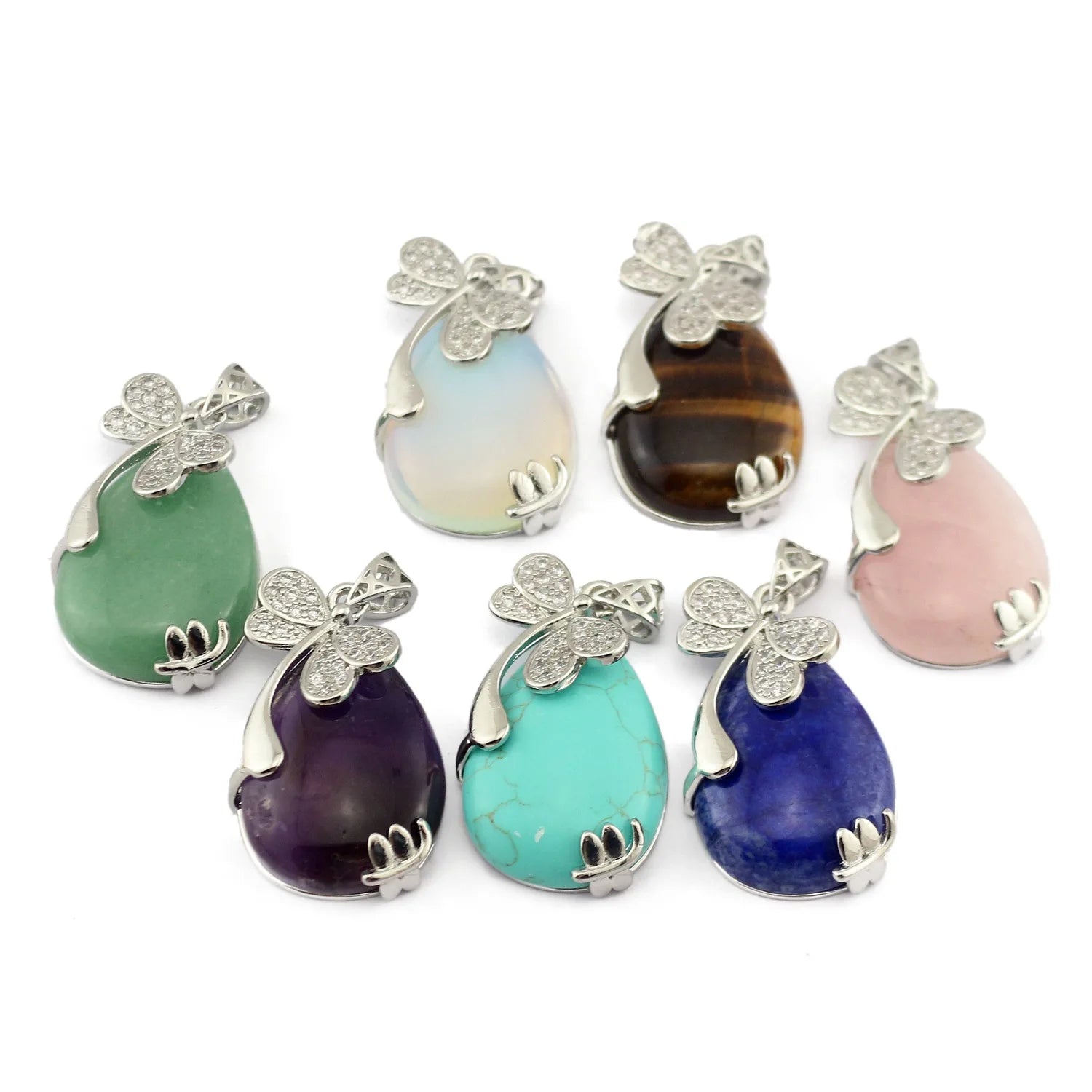 Rhinestone Inlaid Dragonfly Teardrop Natural Stone Pendant, Silver Plated Water Drop Crystal Charm for Women DIY Necklace Making