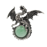 Vintage Silver Winged Dragon Orb Pendant - Epic Fantasy Protective Talisman Natural Gemstone Necklace for Men Women
