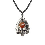 Dark Culture Silver Skull Fire Amulet Necklace • Vintage Biker Flame Skeleton Crystal Holder Pendant • Unisex Hip Hop Streetwear Jewelry