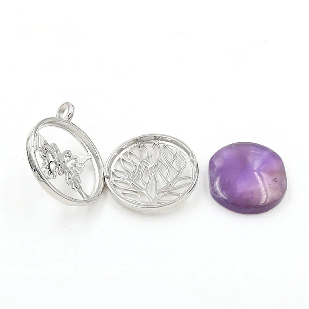 Silver Plated Hollow Butterfly Pendant Natural Round Cabochon Gemstone Inlay Charm for DIY Necklace Jewelry Making