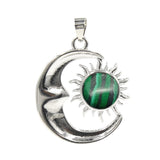 Natural Crystal Sun and Moon Pendant | Celestial Crescent Moon Gemstone Charm | Silver Alloy Sunburst Quartz Cabochon Jewelry Findings for DIY Making