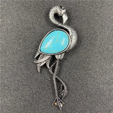 Vintage Silver Flamingo Brooch Pendant Inlaid Natural Gemstone, Multi Crystal Bird Animal Pin Convertible Necklace for Women Boho Fashion Jewelry
