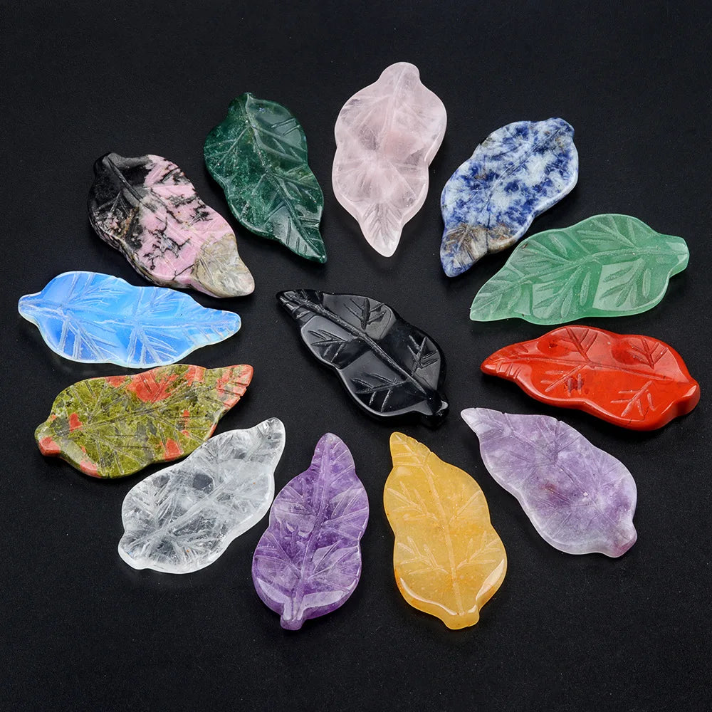 Natural Gemstone Leaf Pendants: Carved Crystal Healing Stones for Jewelry Making & Boho Home Decor