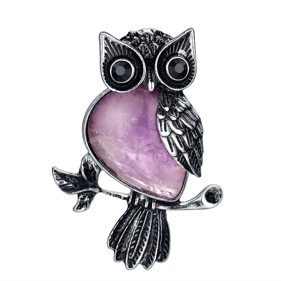 Vintage Antique Silver Owl Pendant, Natural Mixed Gemstone Owl on Branch Charm, Retro Metal Owl Inlaid Crystal Stone Pendant, Reiki Healing Animal Necklace Jewelry for Women