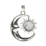Natural Crystal Sun and Moon Pendant | Celestial Crescent Moon Gemstone Charm | Silver Alloy Sunburst Quartz Cabochon Jewelry Findings for DIY Making