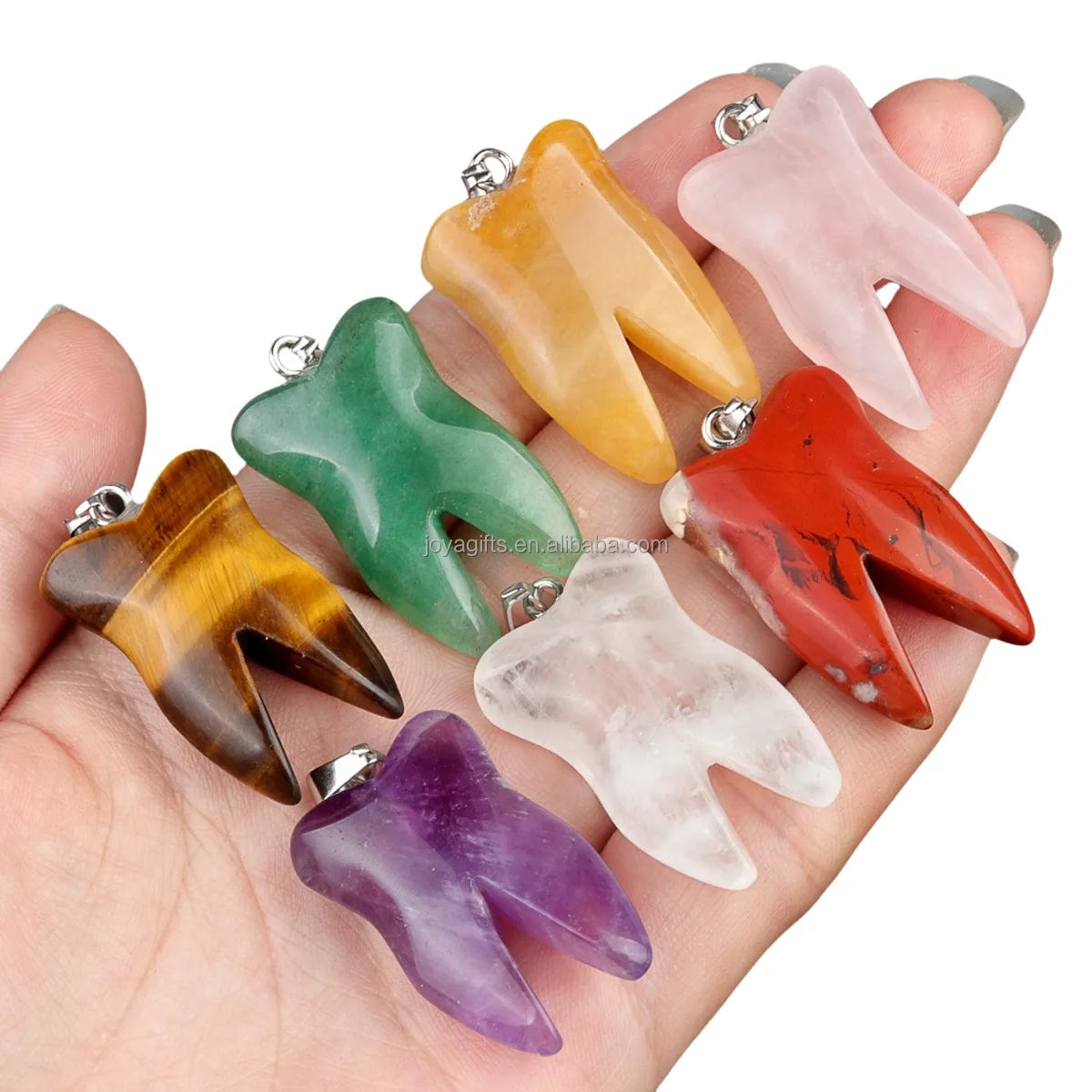 32mm Natural Crystal Tooth Pendant | Hand-Carved Gemstone Tooth Charm Necklace for Reiki Healing