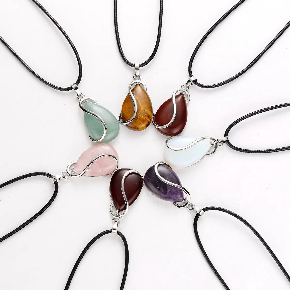 Polished Teardrop Natural Crystal Stone Necklace, Silver Wire Wrapped Gem Pendant with Wax Cord Multi‑Color Variants Chakra Reiki Meditation Neck Jewelry