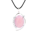 Natural Oval Crystal Stone Pendant Silver Leaf Wrapped Crystal Pendant Necklace Reiki Chakra Healing Crystal Jewelry for Women Multiple Gemstone Options