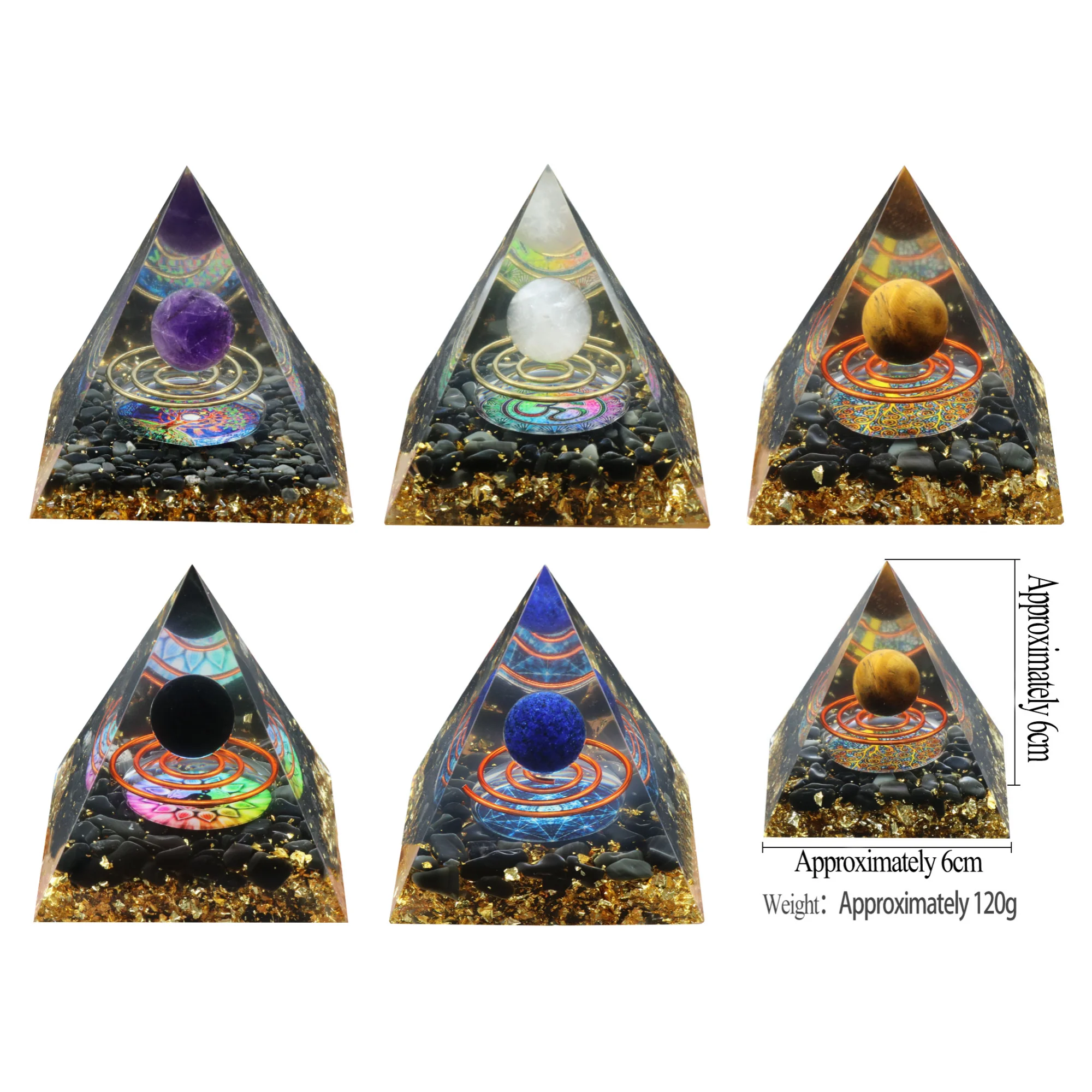 60MM Gemstone Energy Pyramid Ornament for Home Office Feng Shui Decor Healing Chakra Crysta Solar Balls