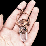 Retro Moon & Star Copper Pendant Necklace | Clear Quartz Crystal Point Tribal Human Face Jewelry for Spiritual Gifts