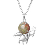 Angel Holding Natural Crystal Ball Pendant Necklace, Silver‑Plated Metal Angel Figurine Spherical Gemstone Charm Reiki Healing Spiritual Jewelry for Women Gift