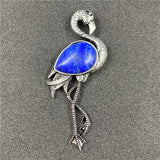 Vintage Silver Flamingo Brooch Pendant Inlaid Natural Gemstone, Multi Crystal Bird Animal Pin Convertible Necklace for Women Boho Fashion Jewelry