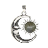 Natural Crystal Sun and Moon Pendant | Celestial Crescent Moon Gemstone Charm | Silver Alloy Sunburst Quartz Cabochon Jewelry Findings for DIY Making