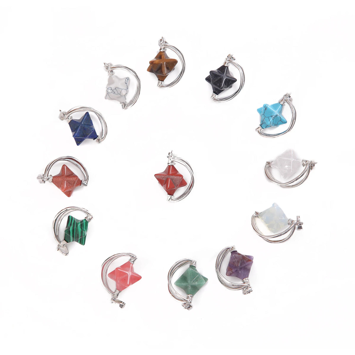 Rotatable Merkaba Star Natural Crystal Pendant, 29×22mm Silver‑Tone Open Metal Frame 3D Merkaba Gemstone Charms for DIY Necklace Jewelry Making Bulk
