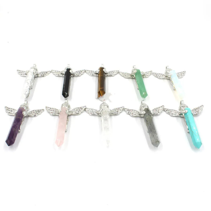 Silver Angel Wing Natural Crystal Point Pendant 35×65mm, Double Terminated Hexagonal Crystal Stone Charm, Reiki Chakra Healing Angel Guardian Pendant for DIY Necklace Spiritual Boho Jewelry Gift