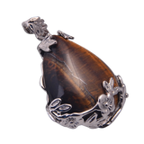 Teardrop Natural Gemstone Pendant, Silver Floral Leaf Wrapped Stone Charm, 45x27mm Pear Shape Crystal Pendant, Boho Reiki Healing Necklace Jewelry