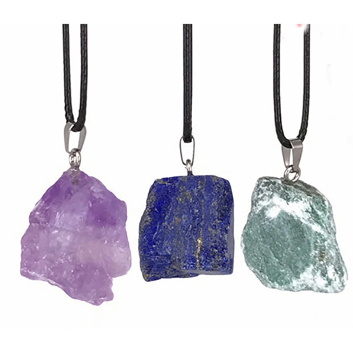 Natural Raw Rough Crystal Pendant Necklace, Unpolished Chakra Healing Stone Pendant with Black Wax Cord for Women Men