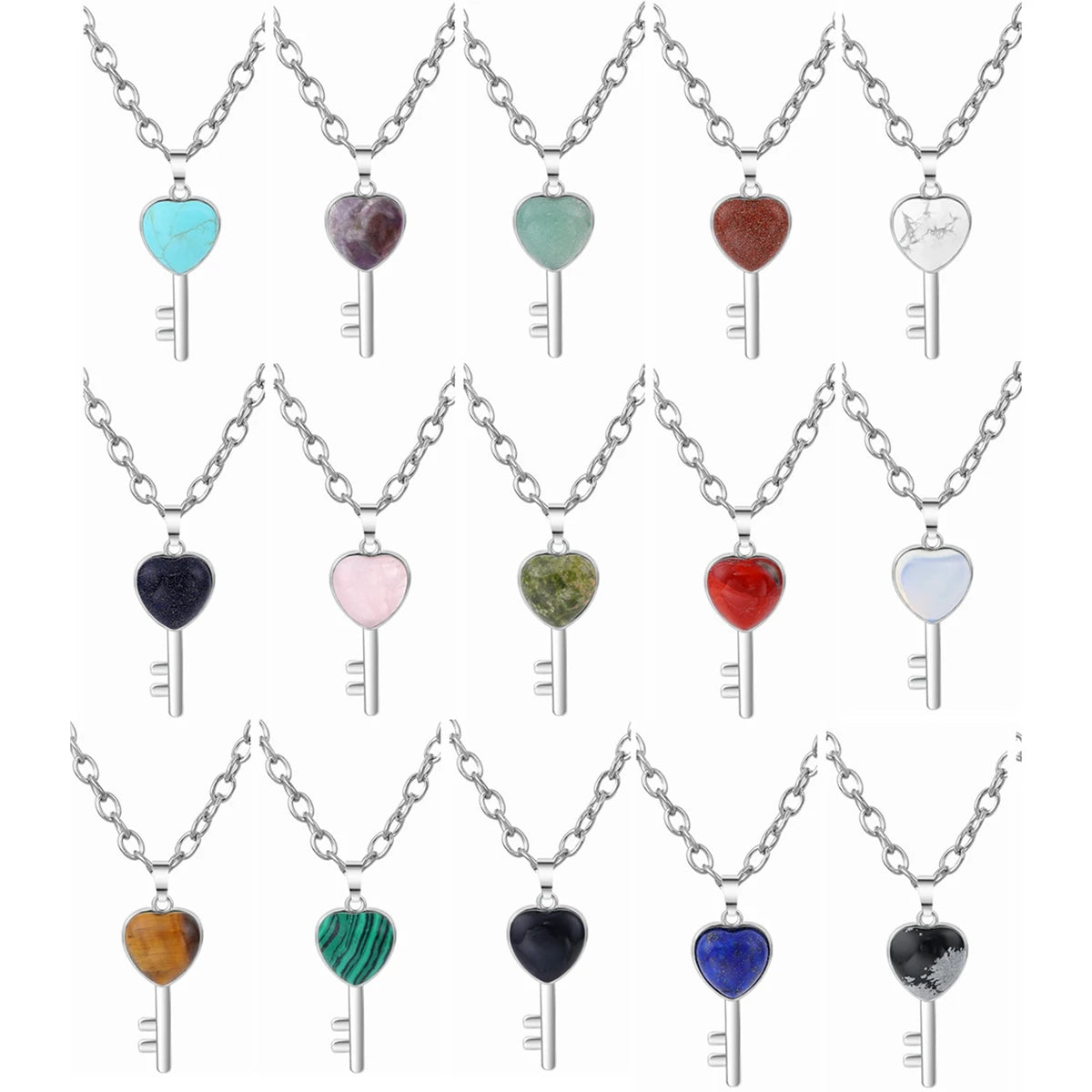 Heart Key Natural Crystal Pendant Necklace Silver Alloy Love Lock Gemstone Chakra Healing Necklace for Women Gift