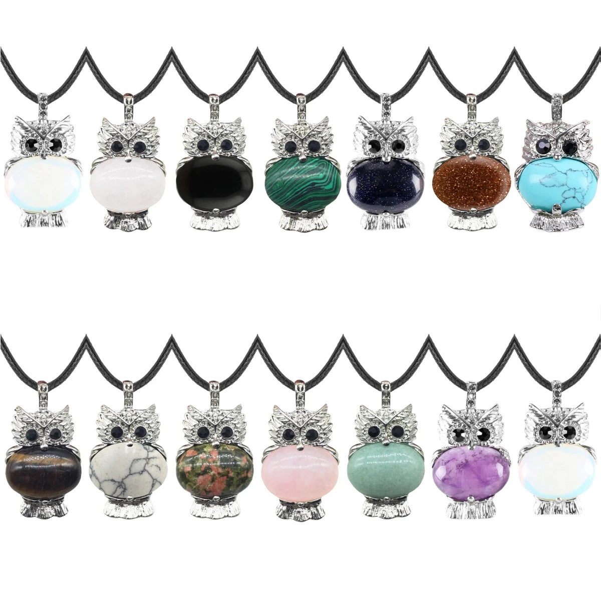 Vintage Silver Owl Gemstone Pendant Necklace #SN1760
