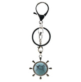 Vintage Silver Ship Rudder Keychain • Antique Nautical Helm Wheel Keyring with Natural Gemstone Ball • Coastal Car Key Holder Backpack Bag Charm