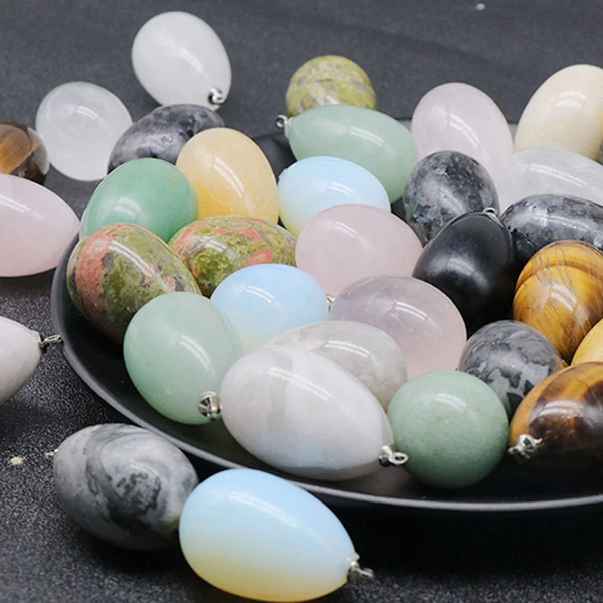 Natural Egg Shape Crystal Pendants for DIY Jewelry Making, Polished Gemstone Tumbled Stone Charms with Loop, Wholesale Healing Quartz Rebirth Talisman for Necklaces